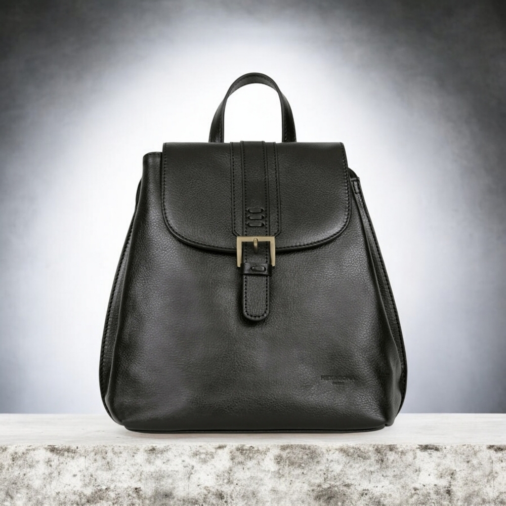 HEXAGONA Genuine Black Leather Back Pack Purse Multi Pockets